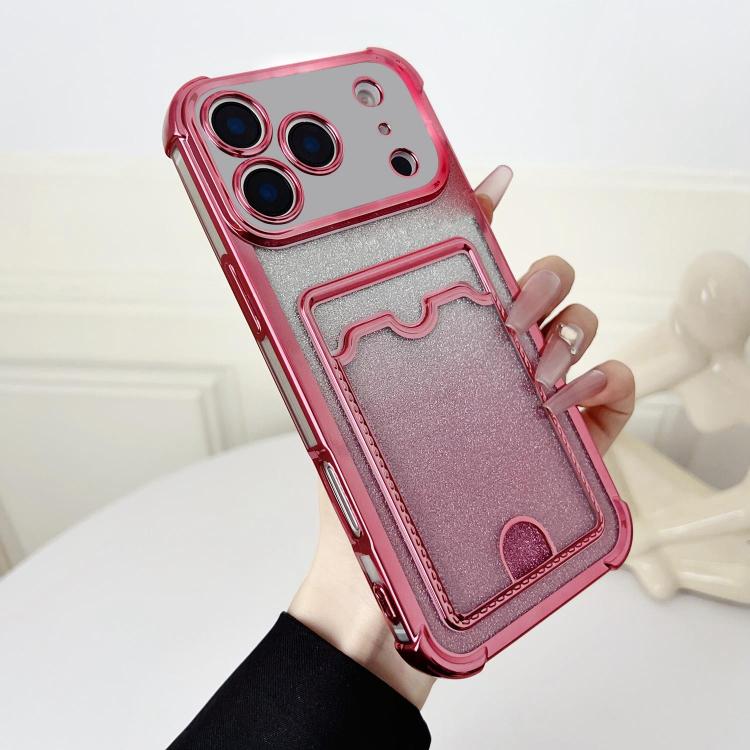 For iPhone 17 Pro Four-cornered Glitter Electroplated Card Bag TPU Phone Case(Pink)