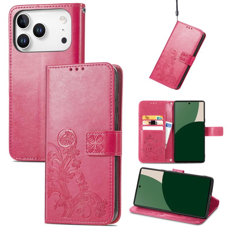 For iPhone 17 Pro Four-leaf Clasp Embossed Buckle Leather Phone Case(Rose)