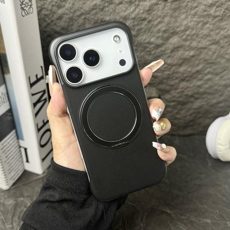 For iPhone 17 Pro Frameless Leather-Skin PC MagSafe Holder Phone Case(Black)