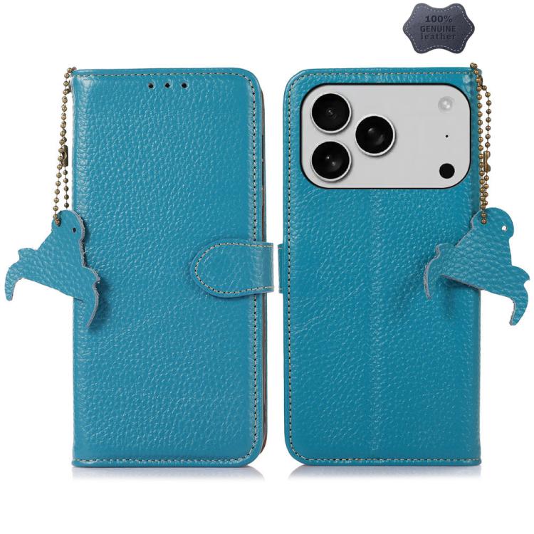 For iPhone 17 Pro Genuine Leather Litchi Texture RFID Leather Phone Case(Blue)