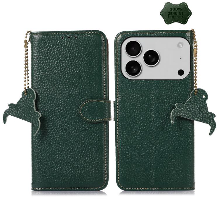 For iPhone 17 Pro Genuine Leather Litchi Texture RFID Leather Phone Case(Green)