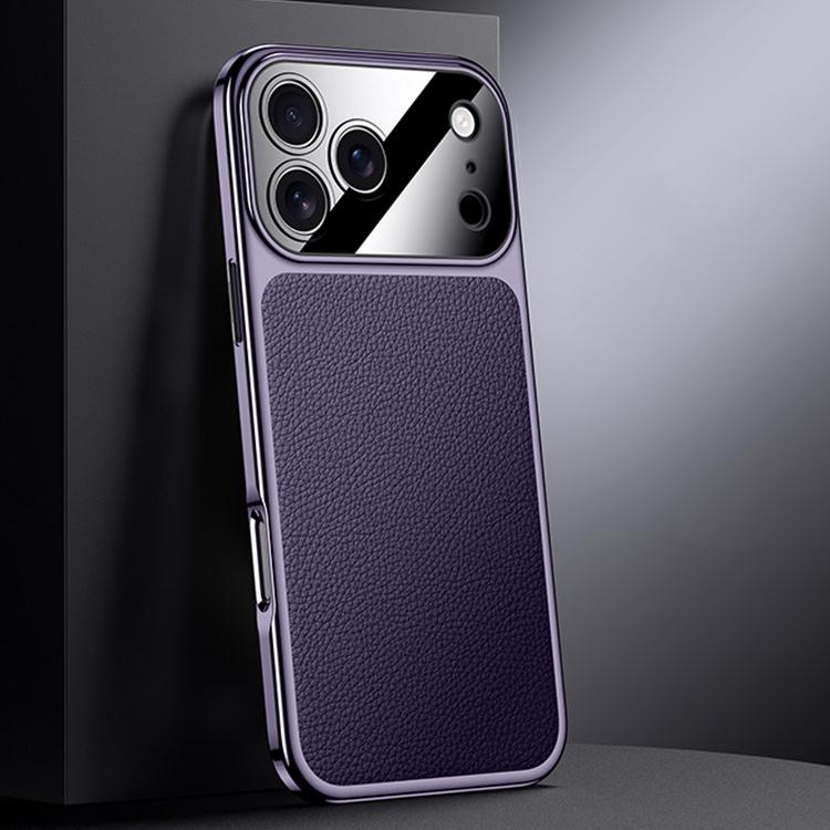 For iPhone 17 Pro Genuine Leather PC Phone Case(Dark Purple)