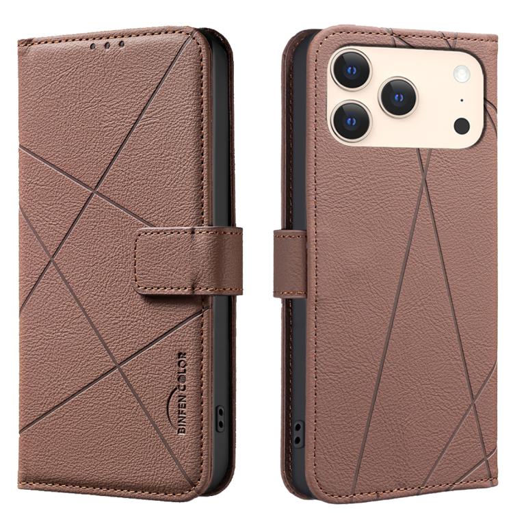 For iPhone 17 Pro Geometric Pattern RFID Leather Phone Case(Brown)