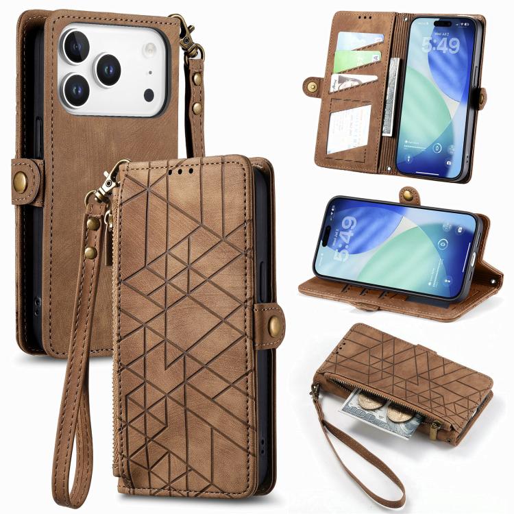 For iPhone 17 Pro Geometric Zipper Wallet Side Buckle Leather Phone Case(Brown)