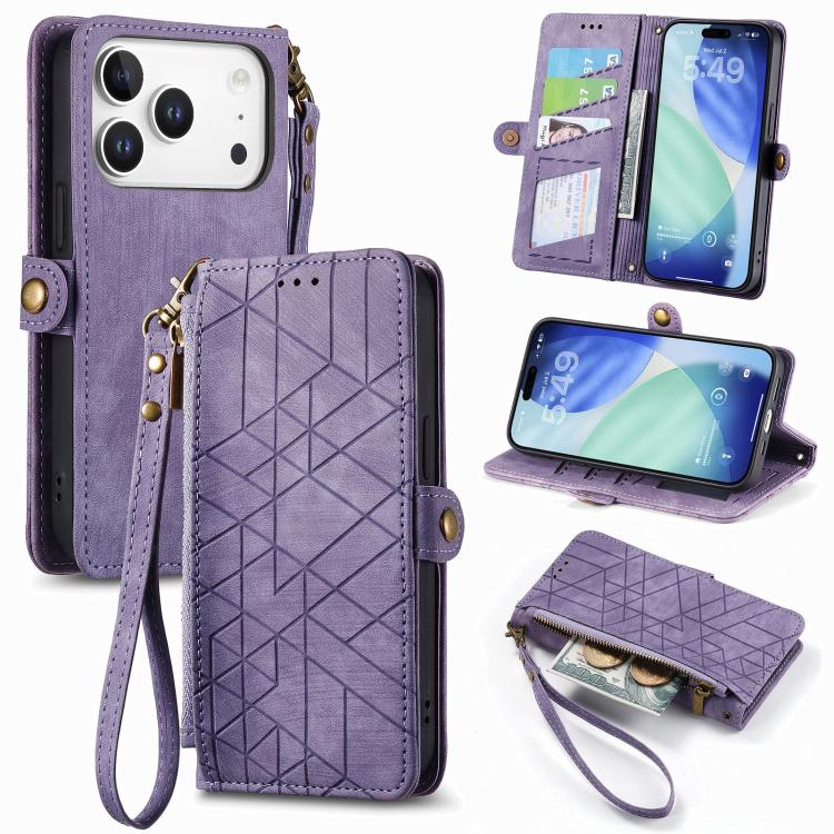 For iPhone 17 Pro Geometric Zipper Wallet Side Buckle Leather Phone Case(Purple)