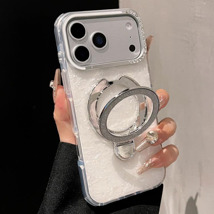For iPhone 17 Pro Gilded Colorful Shell Patterned TPU+IMD Phone Case with Glitter Magnetic Holder(White)