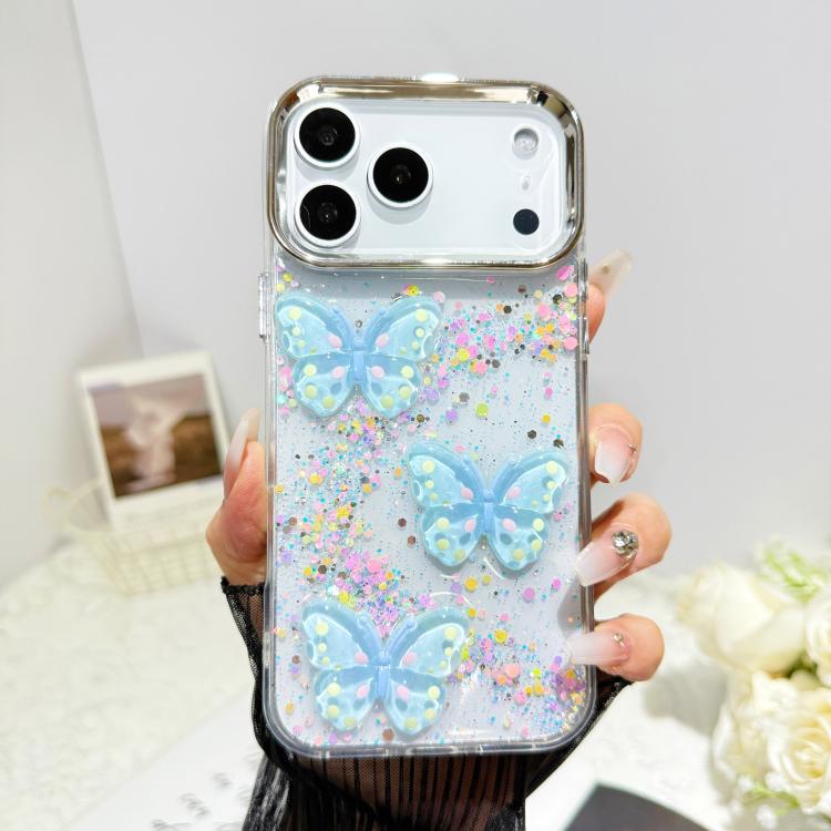 For iPhone 17 Pro Glitter 3D Butterfly Epoxy Resin Phone Case(Blue)