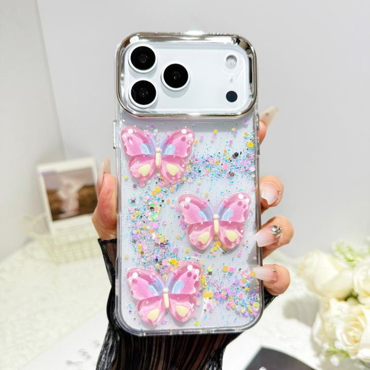 For iPhone 17 Pro Glitter 3D Butterfly Epoxy Resin Phone Case(Pink)