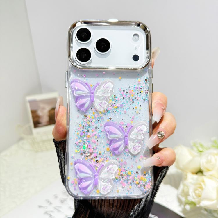 For iPhone 17 Pro Glitter 3D Butterfly Epoxy Resin Phone Case(Purple)