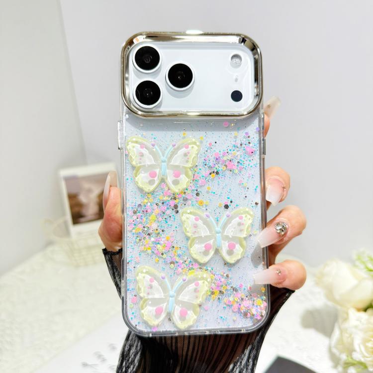 For iPhone 17 Pro Glitter 3D Butterfly Epoxy Resin Phone Case(Yellow)