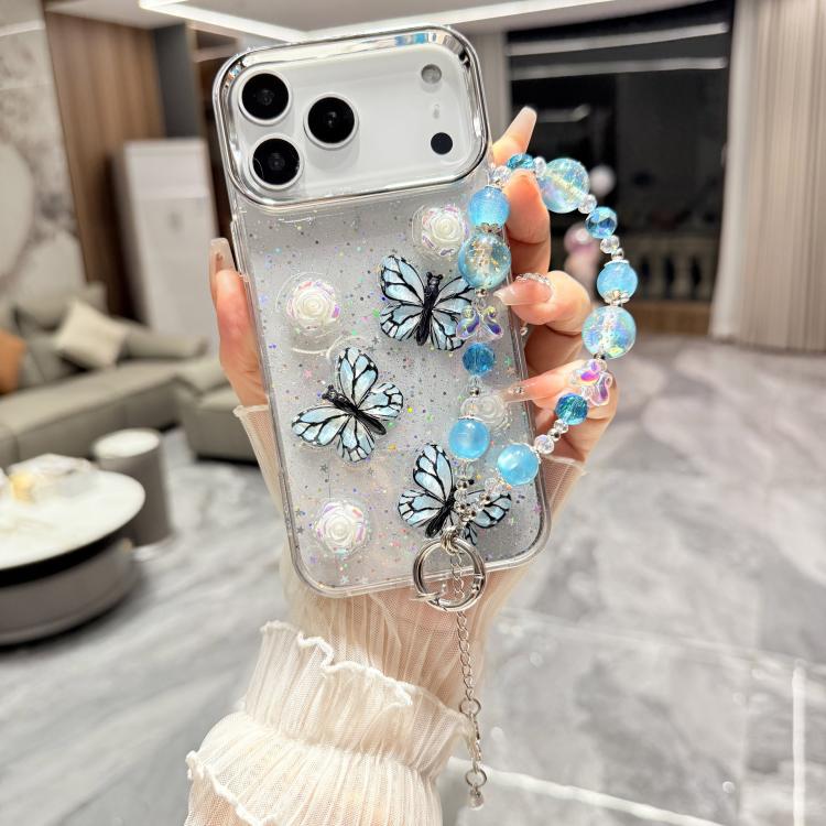 For iPhone 17 Pro Glitter 3D Butterfly Glitter Epoxy TPU Phone Case with Bracelet Chain(Blue)