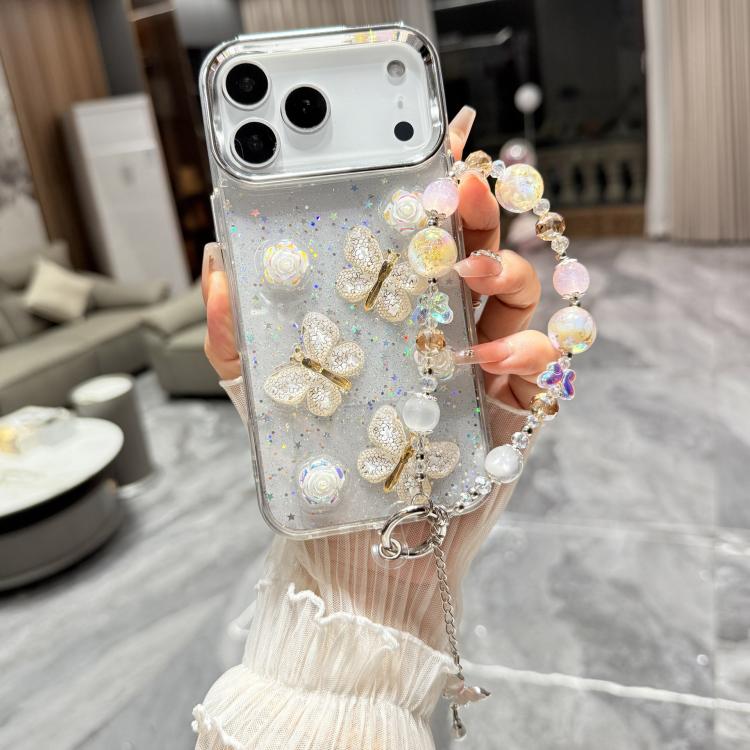 For iPhone 17 Pro Glitter 3D Butterfly Glitter Epoxy TPU Phone Case with Bracelet Chain(Gold)