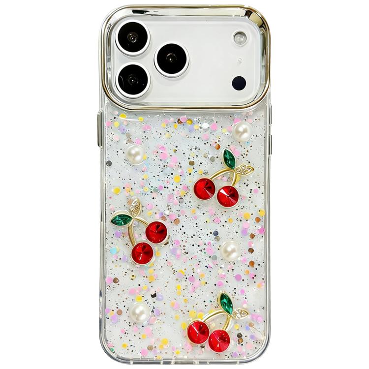 For iPhone 17 Pro Glitter 3D Cherry Epoxy Resin Phone Case(Cherry Pearl)