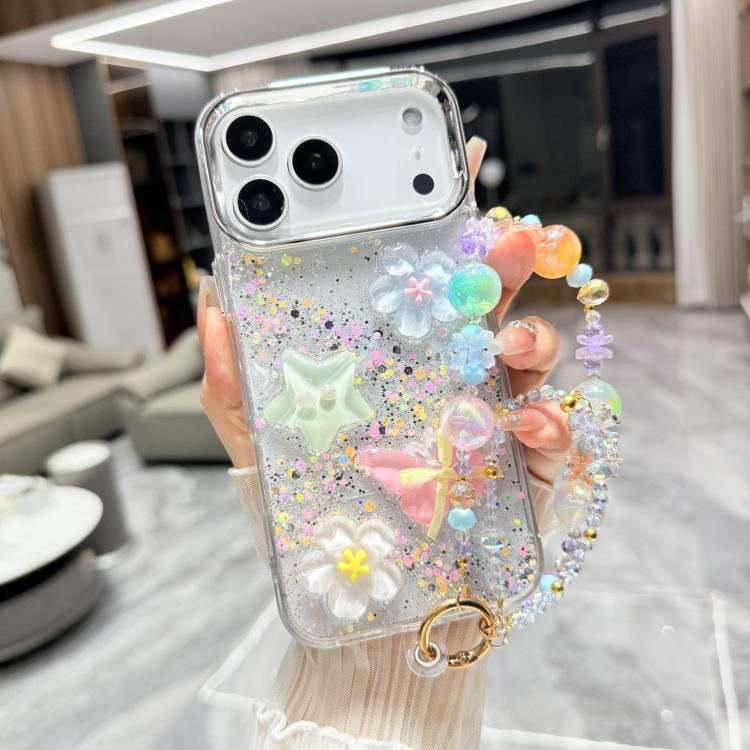 For iPhone 17 Pro Glitter 3D Color Butterfly Epoxy TPU Phone Case with Bracelet Chain(Green)