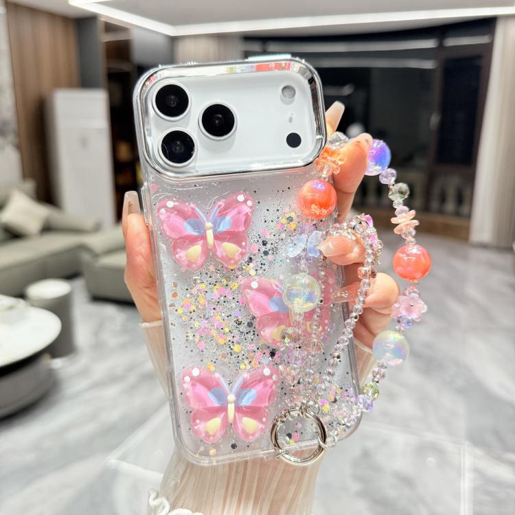 For iPhone 17 Pro Glitter 3D Color Butterfly Epoxy TPU Phone Case with Bracelet Chain(Pink)
