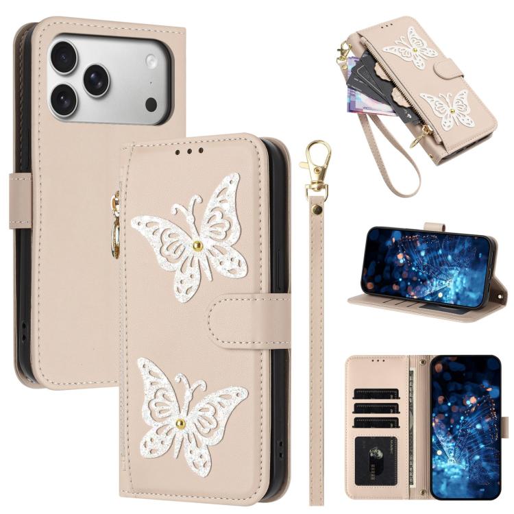 For iPhone 17 Pro Glitter Butterfly Zipper Vegan Leather Phone Case with Wrist Strap(Apricot)