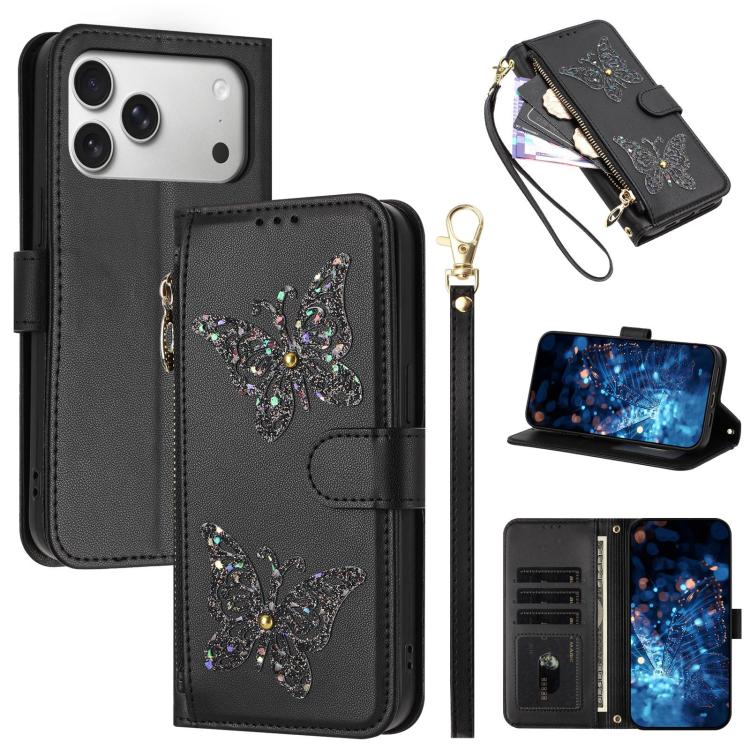 For iPhone 17 Pro Glitter Butterfly Zipper Vegan Leather Phone Case with Wrist Strap(Black)