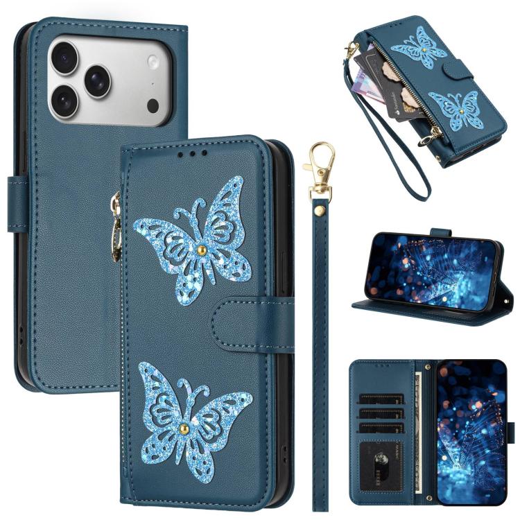 For iPhone 17 Pro Glitter Butterfly Zipper Vegan Leather Phone Case with Wrist Strap(Blue)