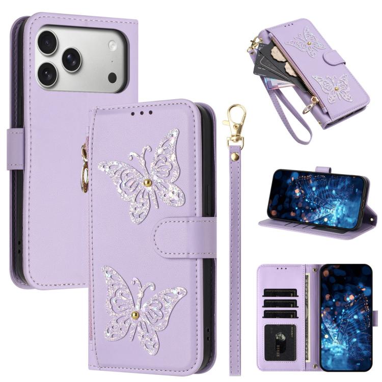For iPhone 17 Pro Glitter Butterfly Zipper Vegan Leather Phone Case with Wrist Strap(Purple)