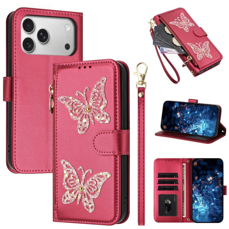 For iPhone 17 Pro Glitter Butterfly Zipper Vegan Leather Phone Case with Wrist Strap(Rose Red)