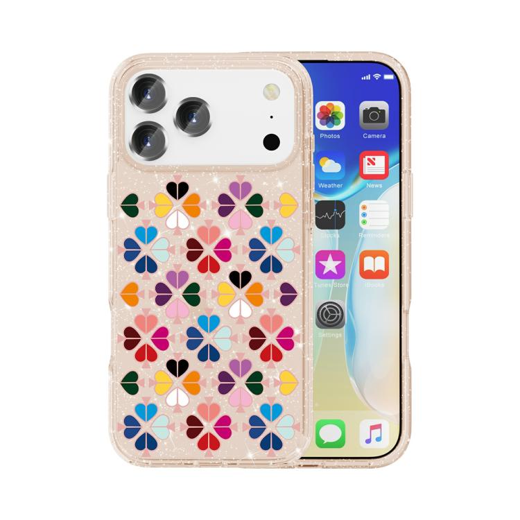For iPhone 17 Pro Glittering Crystal Red Heart Pattern Phone Case(Gold)