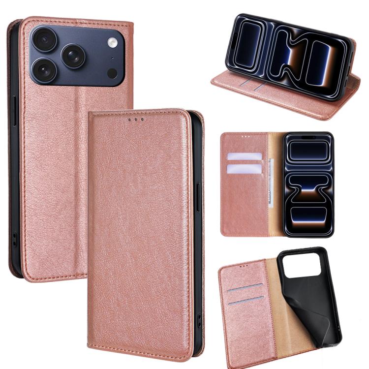 For iPhone 17 Pro Gloss Oil Solid Color Magnetic Leather Phone Case(Rose Gold)