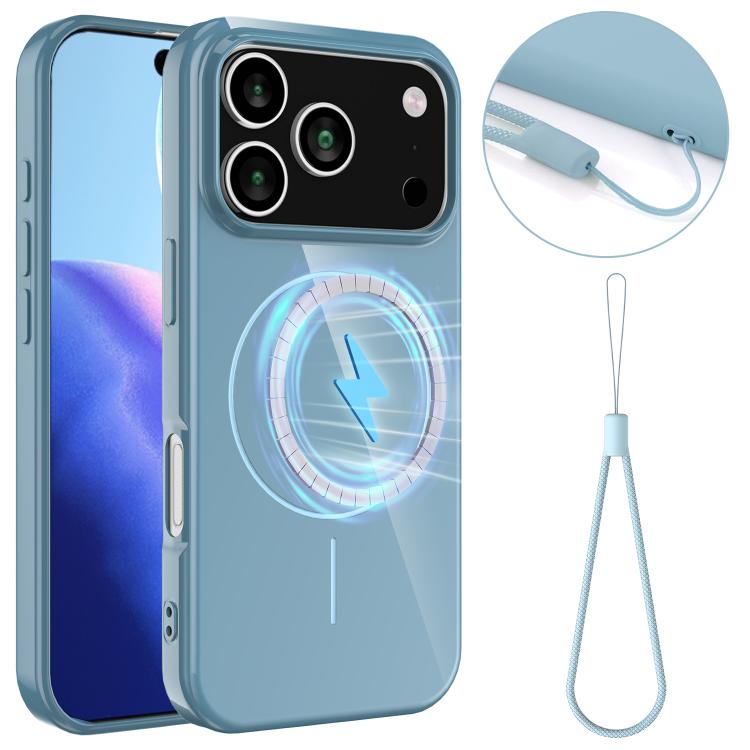 For iPhone 17 Pro Glossy TPU Shockproof MagSafe Phone Case with Lanyard(Blue)