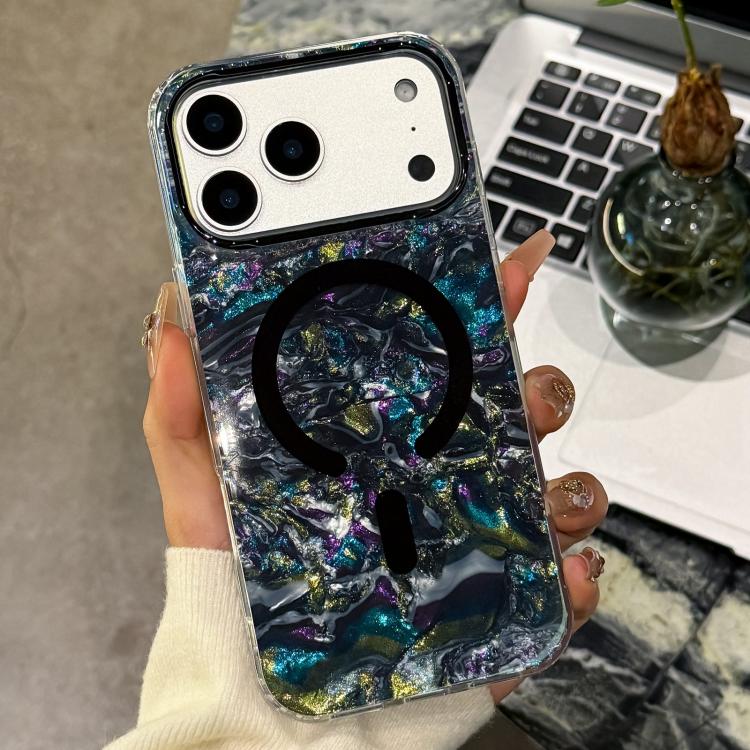 For iPhone 17 Pro Gold-plated Shell Texture Magnetic Phone Case(Black)