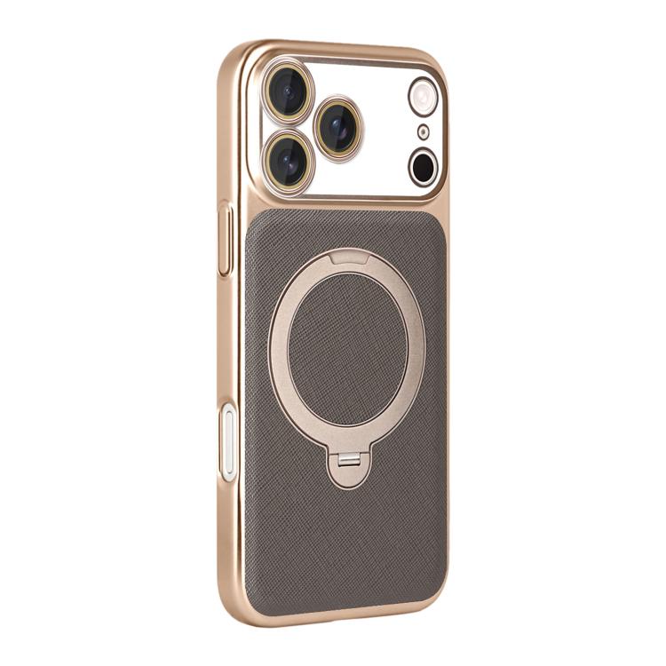 For iPhone 17 Pro Gold Shield Magnetic Holder Lens Film Phone Case(Grey)