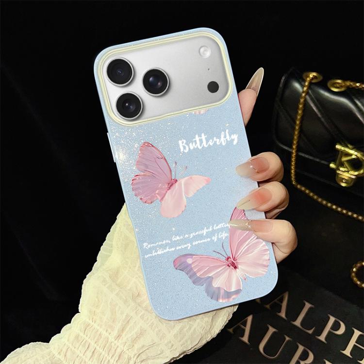 For iPhone 17 Pro Gradient Butterflies Pattern IMD Glitter PC Hybrid TPU Phone Case(Blue)