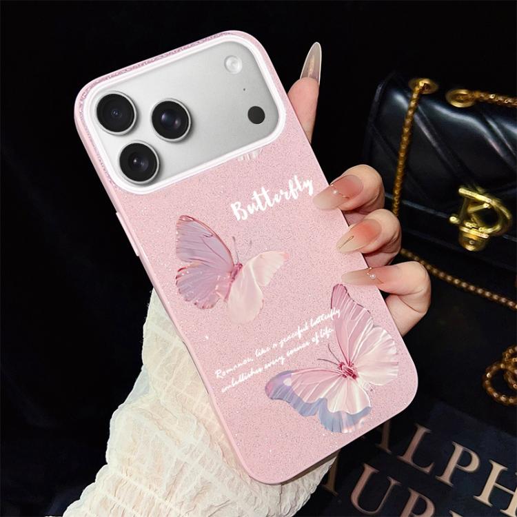 For iPhone 17 Pro Gradient Butterflies Pattern IMD Glitter PC Hybrid TPU Phone Case(Pink)