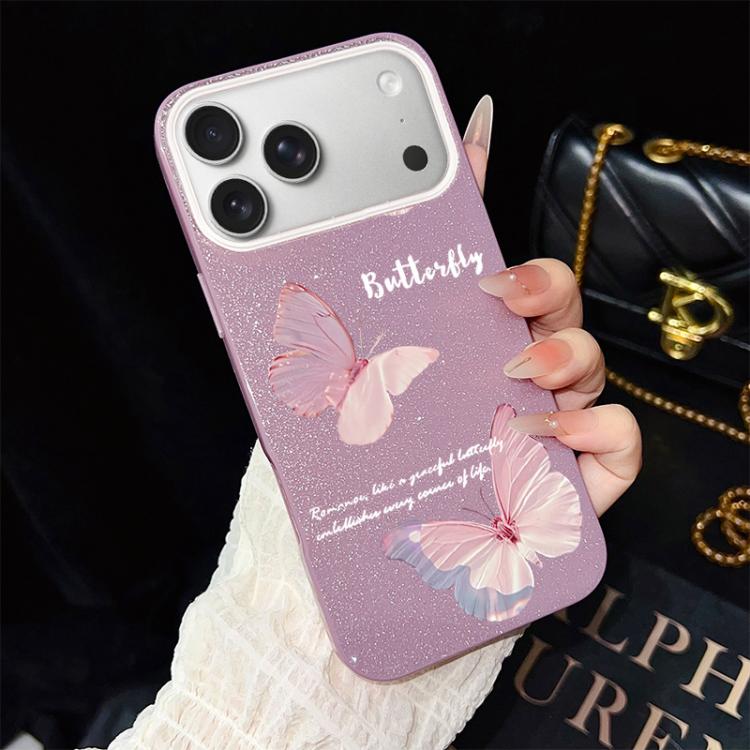 For iPhone 17 Pro Gradient Butterflies Pattern IMD Glitter PC Hybrid TPU Phone Case(Purple)