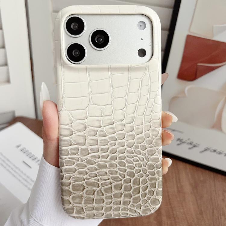 For iPhone 17 Pro Gradient Crocodile Texture PU Hybrid PC Phone Case(Top to Bottom Light Grey White)