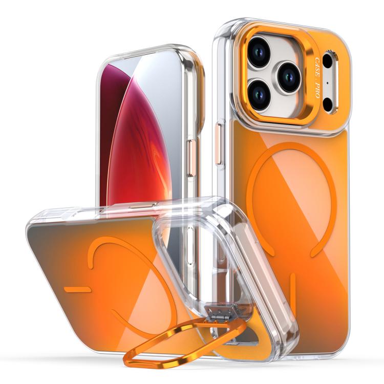 For iPhone 17 Pro Gradient Discolor Lens Kickstand Magsafe Phone Case(Orange)
