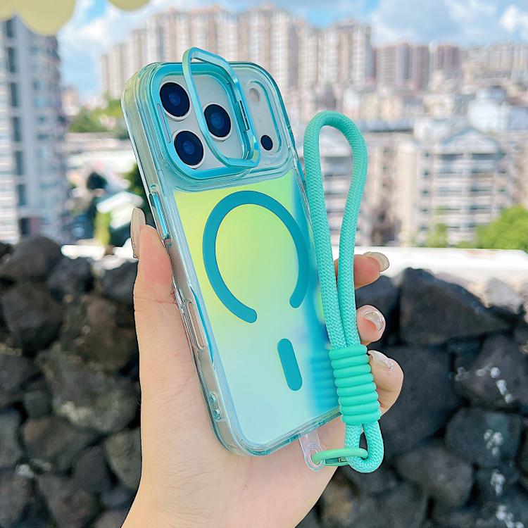 For iPhone 17 Pro Gradient Discolor MagSafe Phone Case with Holder / Wrist Strap(Blue)