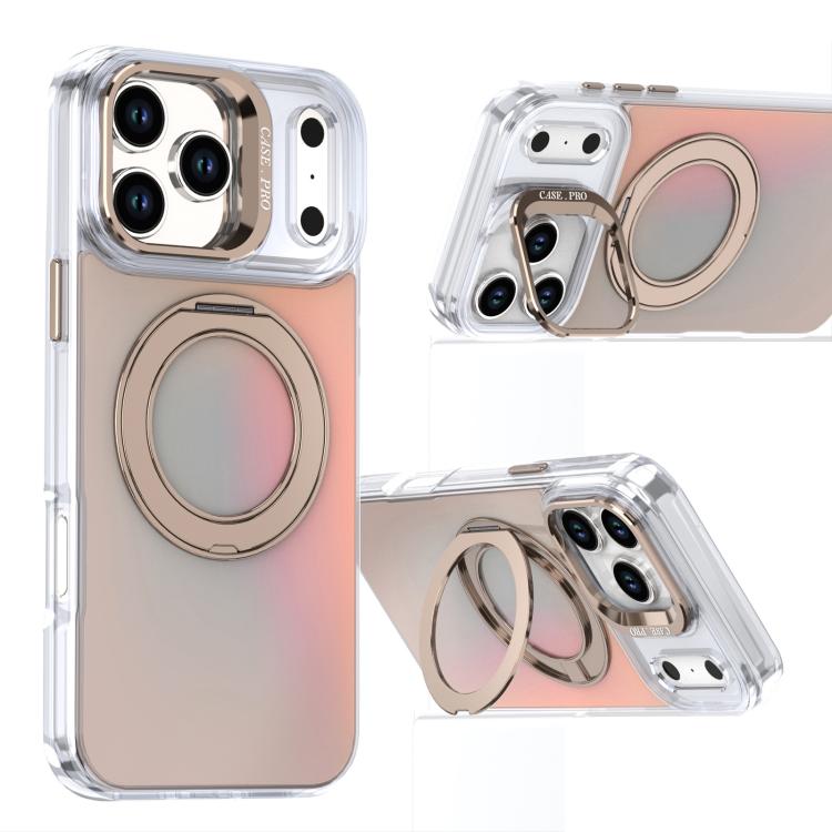 For iPhone 17 Pro Gradient Discolor Rotating Holder Lens Kickstand Magsafe Phone Case(Desert Gold)