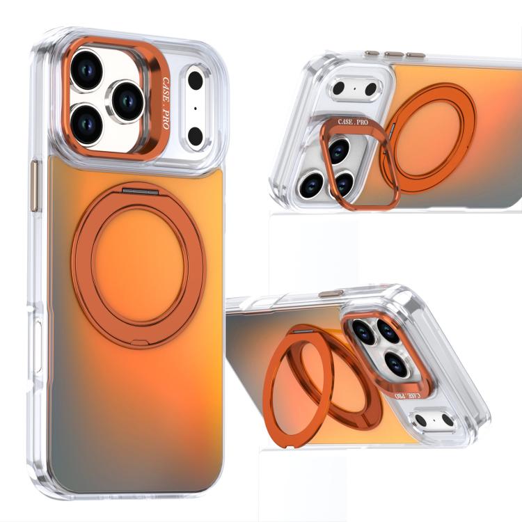 For iPhone 17 Pro Gradient Discolor Rotating Holder Lens Kickstand Magsafe Phone Case(Orange)