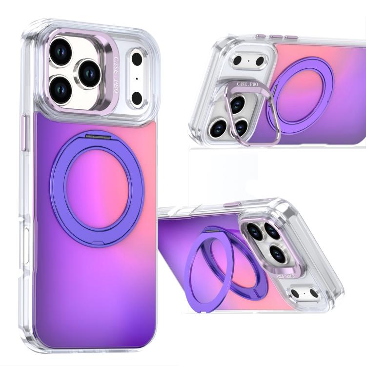 For iPhone 17 Pro Gradient Discolor Rotating Holder Lens Kickstand Magsafe Phone Case(Purple)