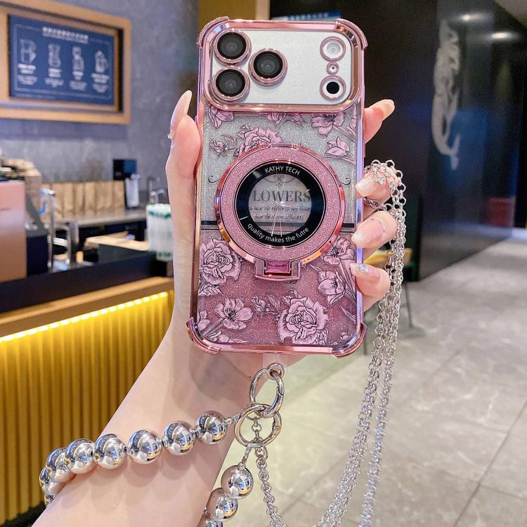 For iPhone 17 Pro Gradient Glitter Flowers Electroplated Phone Case with Beaded Strap and Long Chain(Pink)