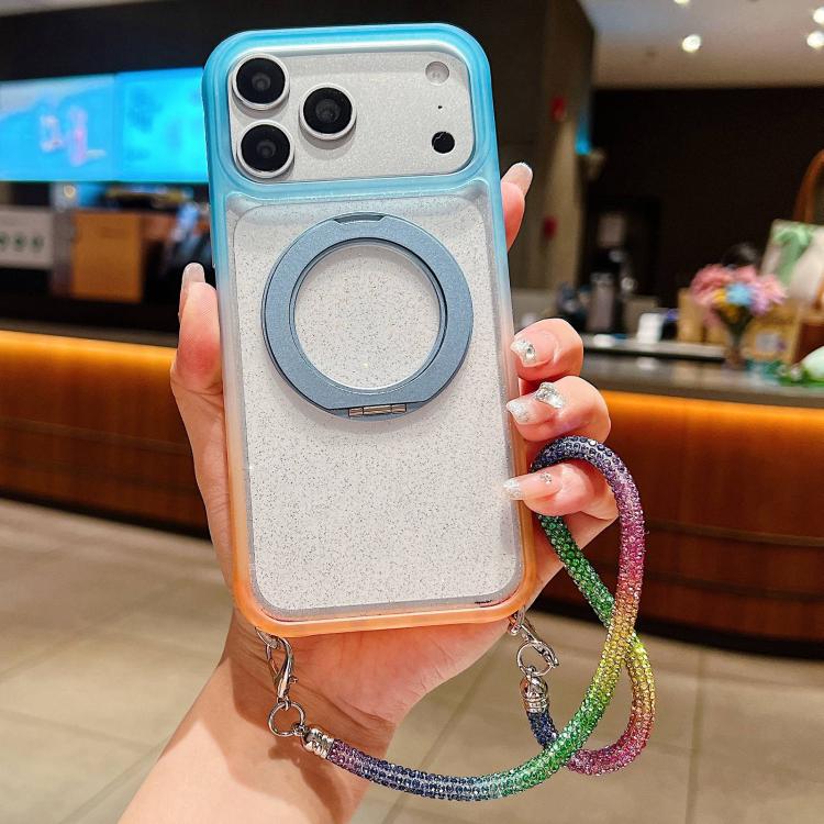 For iPhone 17 Pro Gradient Transparent Glitter Rotating Magnetic Holder Phone Case with Wrist Strap(Blue Orange)