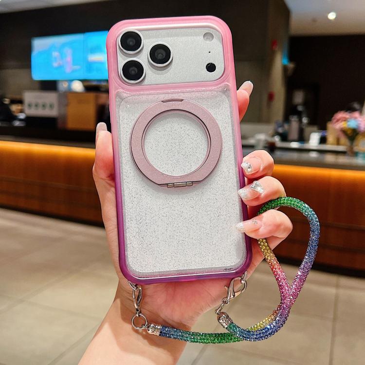 For iPhone 17 Pro Gradient Transparent Glitter Rotating Magnetic Holder Phone Case with Wrist Strap(Pink Purple)