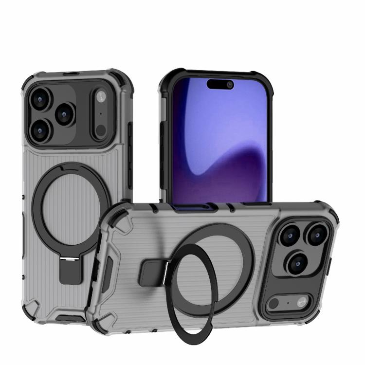 For iPhone 17 Pro Grating Holder Shockproof Phone Case(Transparent Black)