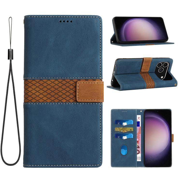 For iPhone 17 Pro Grid Stitching Leather Phone Case with Lanyard(Blue)