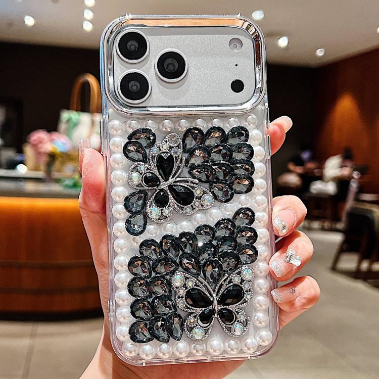 For iPhone 17 Pro Handmade Pearl Dual Butterfly Rhinestone Acrylic Phone Case(Black)