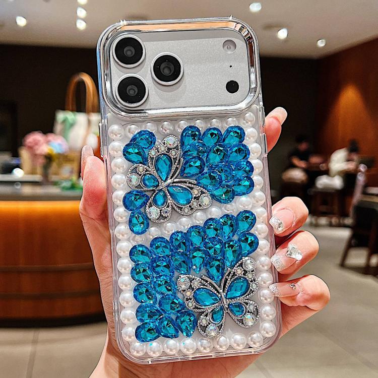 For iPhone 17 Pro Handmade Pearl Dual Butterfly Rhinestone Acrylic Phone Case(Blue)