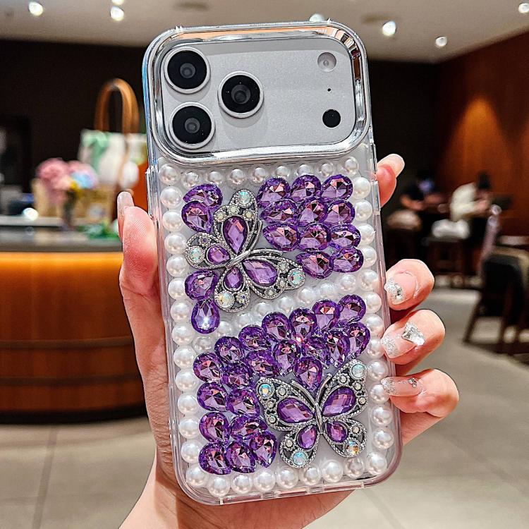 For iPhone 17 Pro Handmade Pearl Dual Butterfly Rhinestone Acrylic Phone Case(Purple)