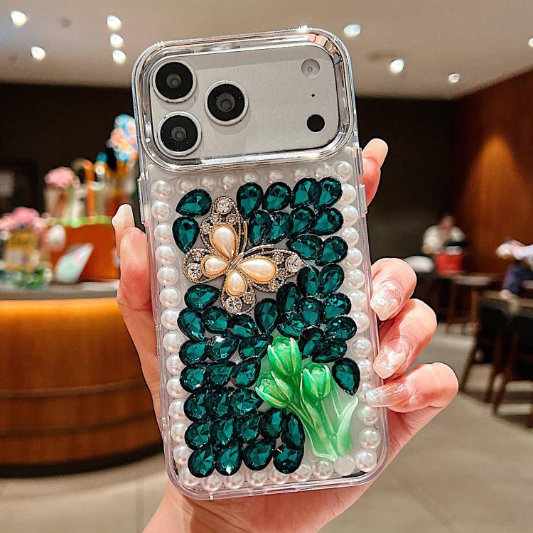 For iPhone 17 Pro Handmade Pearl Rhinestone Butterfly Acrylic Phone Case(Green)