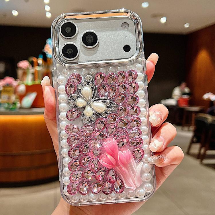 For iPhone 17 Pro Handmade Pearl Rhinestone Butterfly Acrylic Phone Case(Pink)
