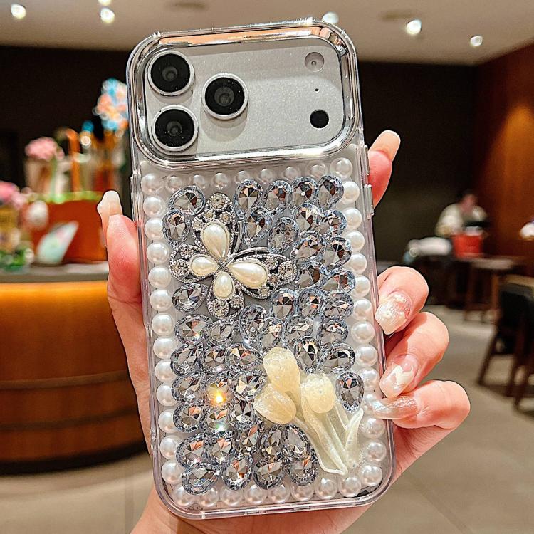For iPhone 17 Pro Handmade Pearl Rhinestone Butterfly Acrylic Phone Case(Silver)