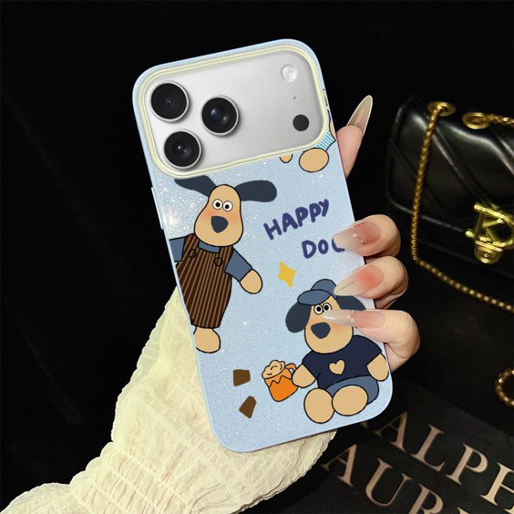 For iPhone 17 Pro Happy Dog Pattern IMD Glitter PC Hybrid TPU Phone Case(Blue)